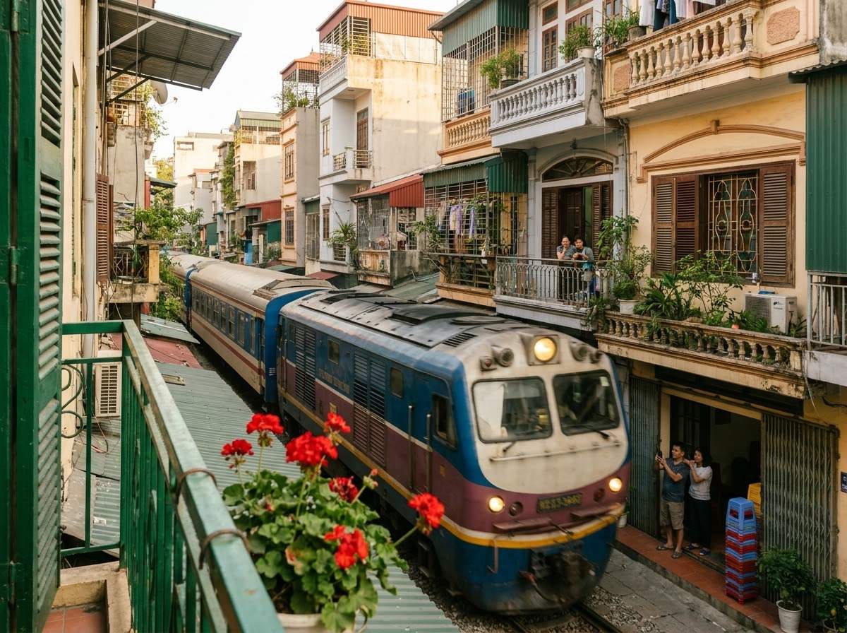 ハノイのトレインストリートで、細長い家並みの間をすり抜けるディーゼル列車。カフェの店主は低い椅子を壁際に引き寄せ、観光客は玄関先に身を寄せている様子のイラスト