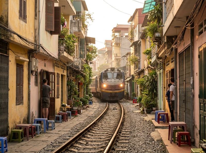 A train passing between cafes and houses on Hanoi Train Street in the late afternoon